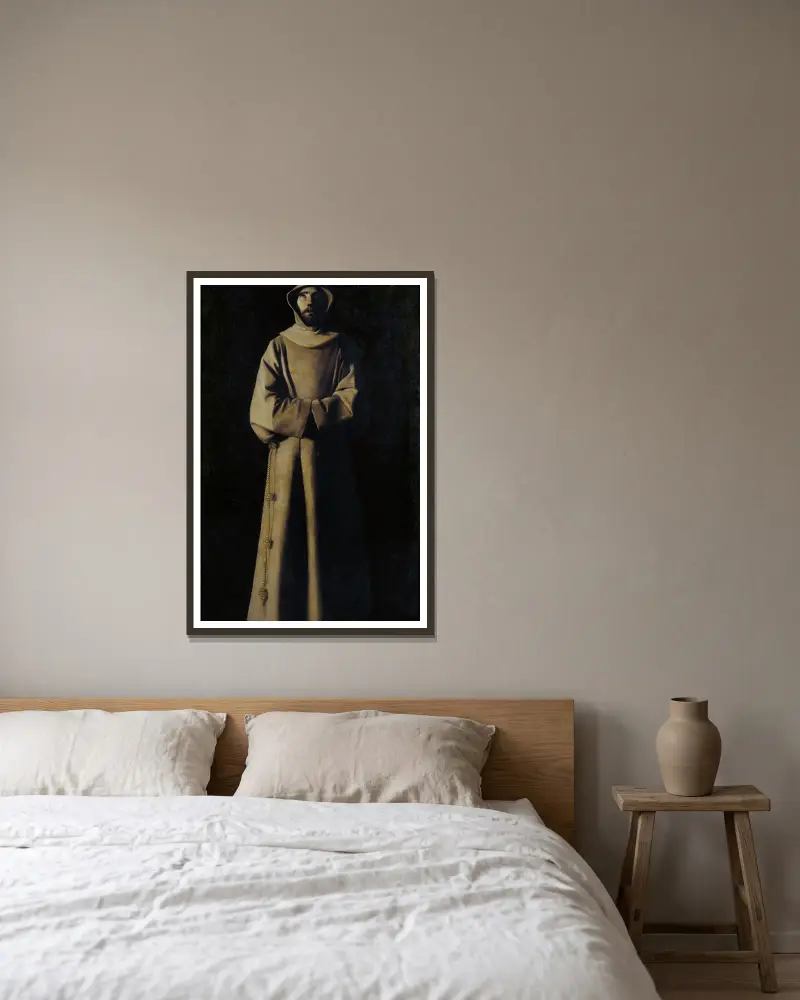 Den helige Franciskus av Assisi enligt påve Nicolaus V:s vision av Francisco de Zurbarán inramad på en vägg