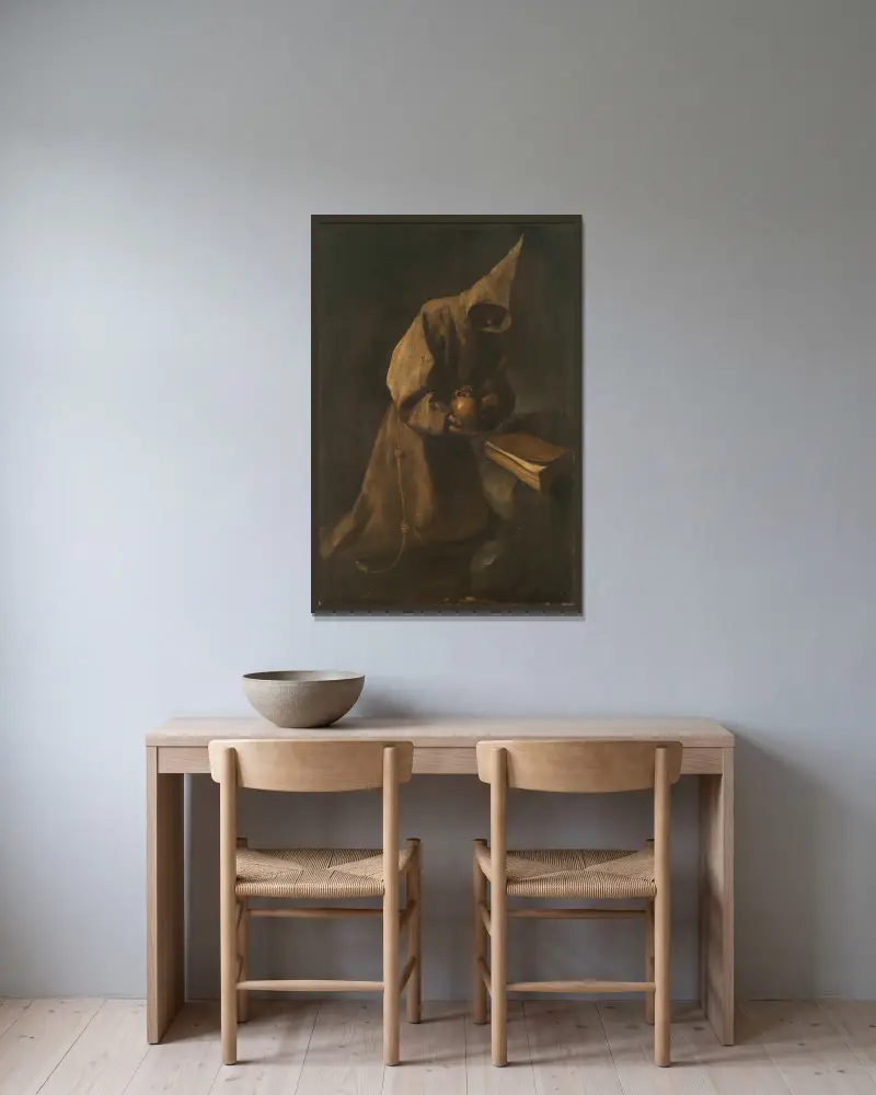Franciskus i meditation av Francisco de Zurbarán inramad på en vägg
