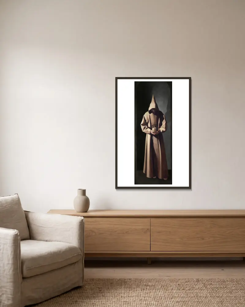 St. Francis Contemplating a Skull, Francisco de Zurbarán v rámu na stěně