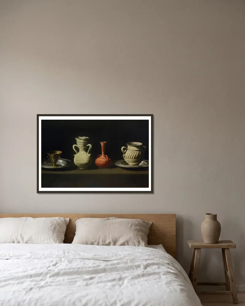 Stilleben med fyra kärl av Francisco de Zurbarán inramad på en vägg
