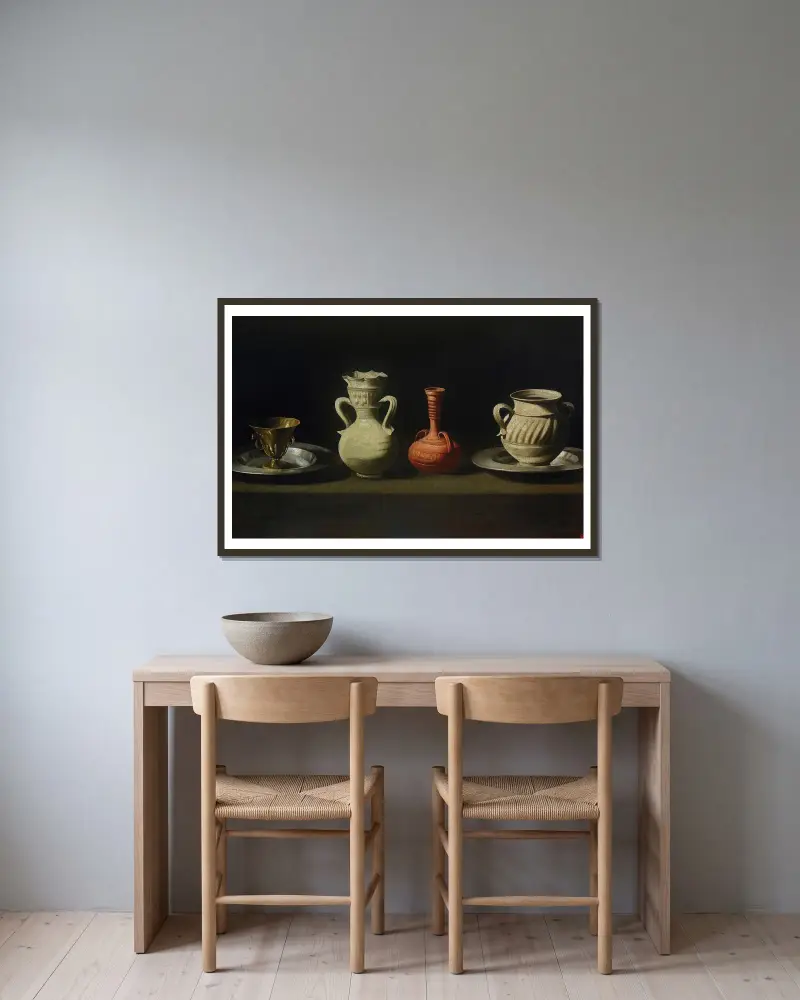 Stilleben med fyra kärl av Francisco de Zurbarán inramad på en vägg