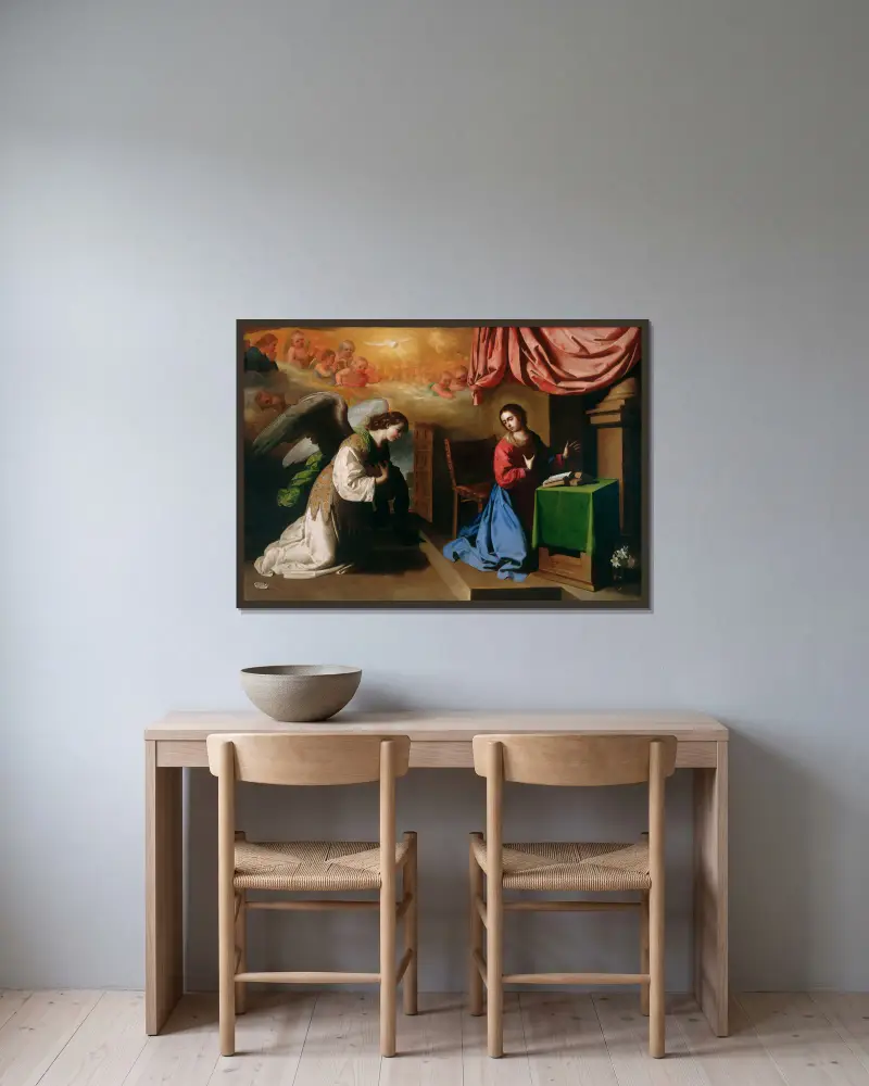 The Annunciation av Francisco de Zurbarán inramad på en vägg