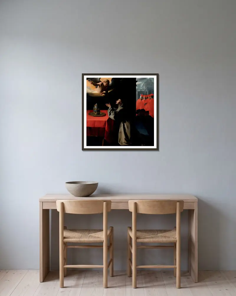 Den helige Bonaventuras bön om valet av ny påve av Francisco de Zurbarán inramad på en vägg