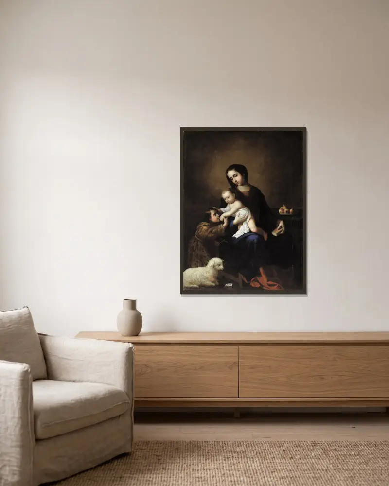 Die Jungfrau und das Kind mit dem Johannesknaben von Francisco de Zurbarán gerahmt an einer Wand