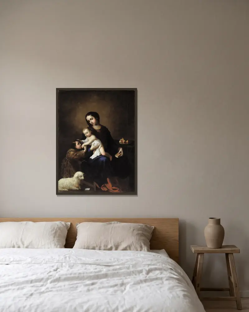 Die Jungfrau und das Kind mit dem Johannesknaben von Francisco de Zurbarán gerahmt an einer Wand