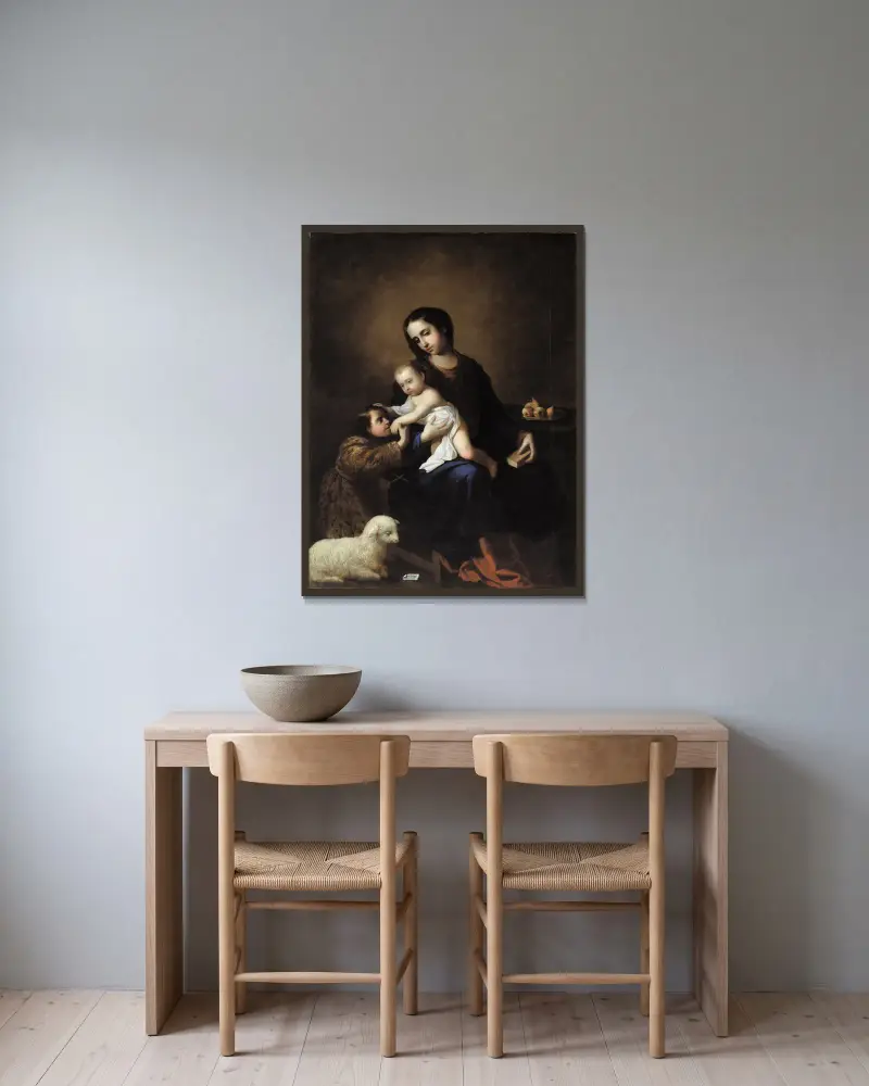 Die Jungfrau und das Kind mit dem Johannesknaben von Francisco de Zurbarán gerahmt an einer Wand