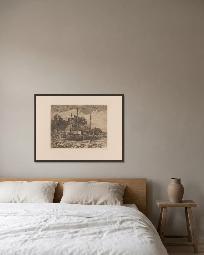 Bondgård med höskrinda av Willem de Zwart inramad på en vägg