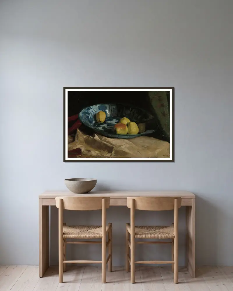 Martwa natura z jabłkami w niebieskiej misie z Delft, Willem de Zwart w ramie na ścianie
