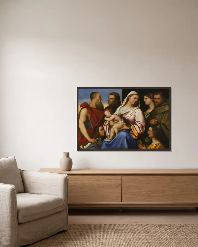 Madonnan med barnet och helgon samt givare av Sebastiano del Piombo inramad på en vägg