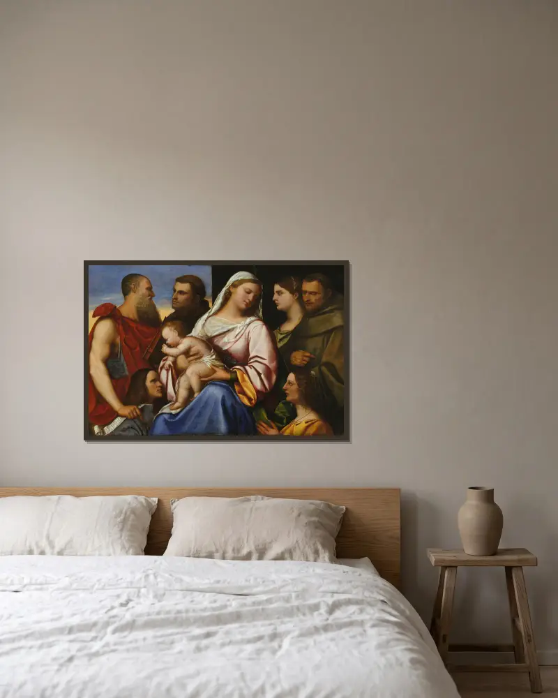 Madonnan med barnet och helgon samt givare av Sebastiano del Piombo inramad på en vägg
