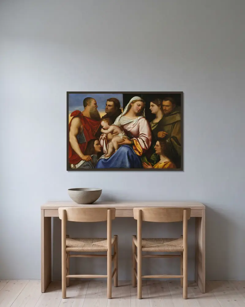 Madonnan med barnet och helgon samt givare av Sebastiano del Piombo inramad på en vägg