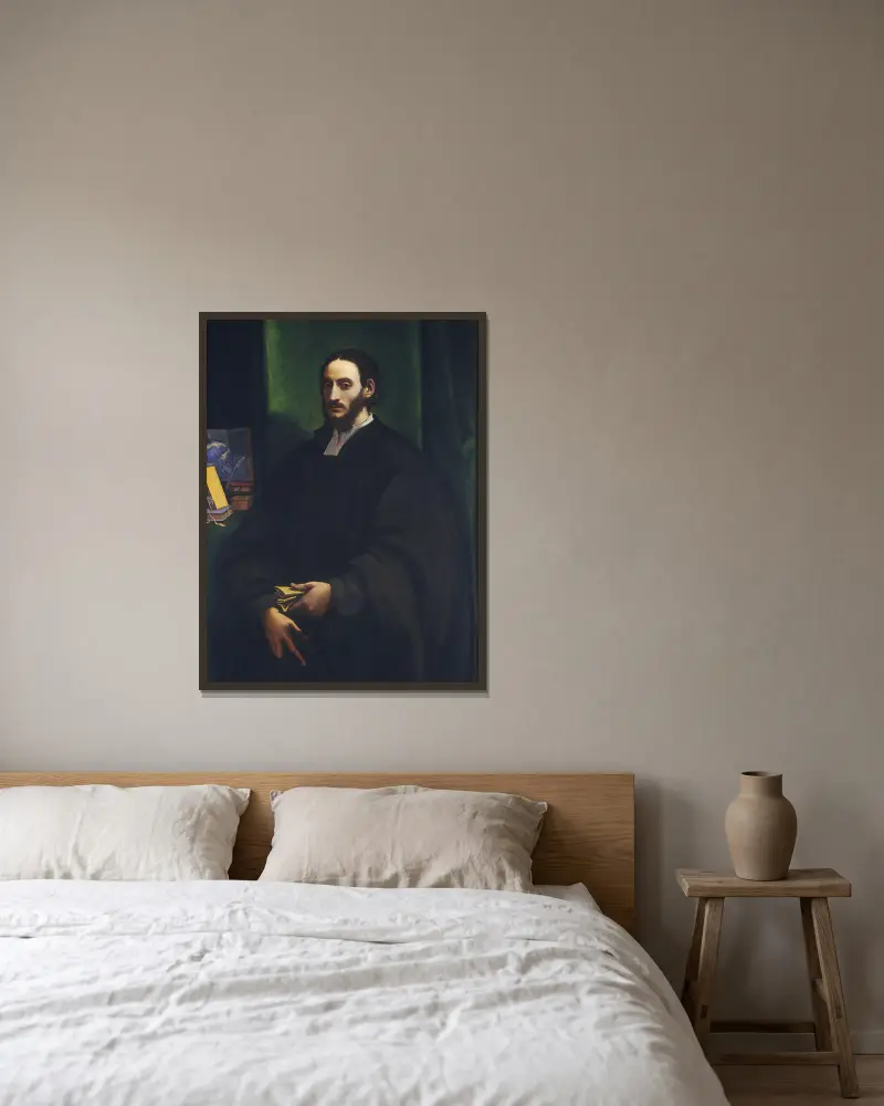 Porträtt av en humanist av Sebastiano del Piombo inramad på en vägg