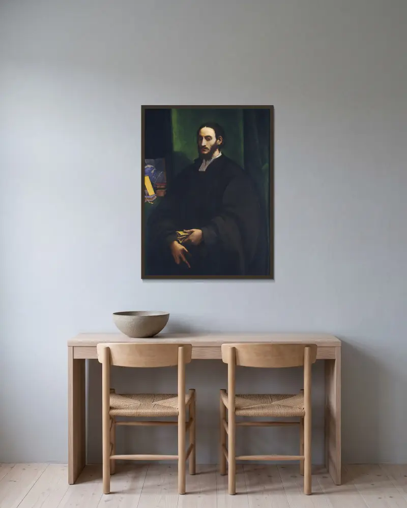 Porträtt av en humanist av Sebastiano del Piombo inramad på en vägg
