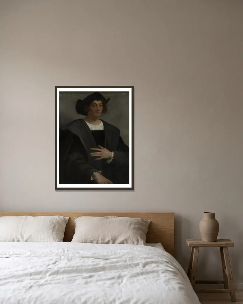 Porträtt av en man, påstådd vara Christopher Columbus (född cirka 1446, död 1506) av Sebastiano del Piombo inramad på en vägg