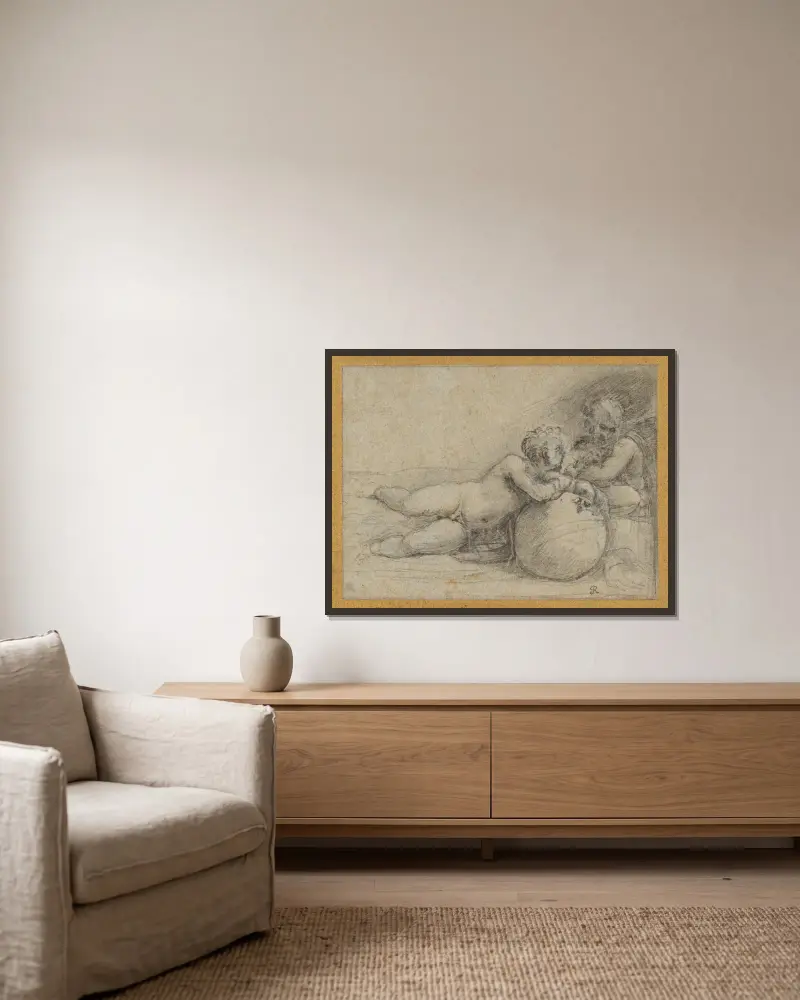 Das Christuskind und Johannes der Täufer von Sebastiano del Piombo gerahmt an einer Wand