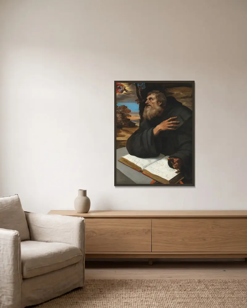 Die Vision des heiligen Abtes Antonius von Sebastiano del Piombo gerahmt an einer Wand