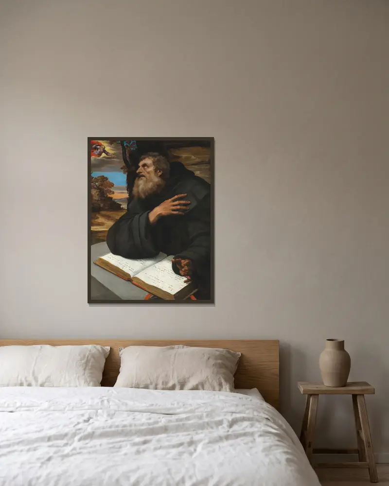 Die Vision des heiligen Abtes Antonius von Sebastiano del Piombo gerahmt an einer Wand
