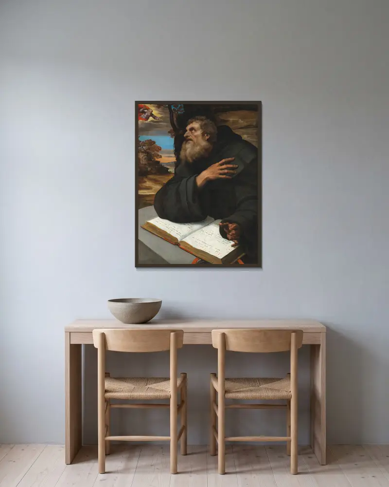 Die Vision des heiligen Abtes Antonius von Sebastiano del Piombo gerahmt an einer Wand