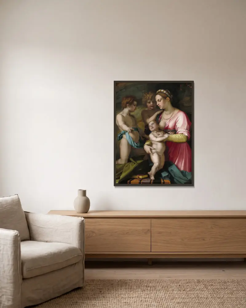 Charity av Andrea del Sarto inramad på en vägg