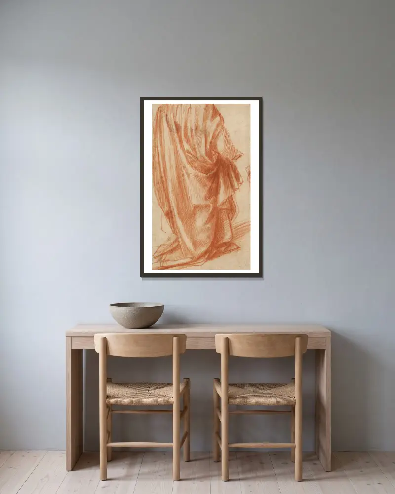 Drapery Study av Andrea del Sarto inramad på en vägg