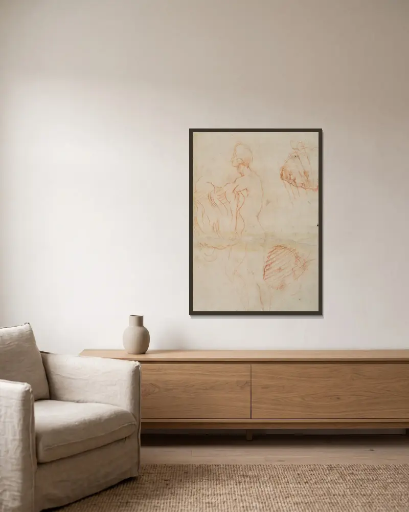 Figure Study and Face av Andrea del Sarto inramad på en vägg