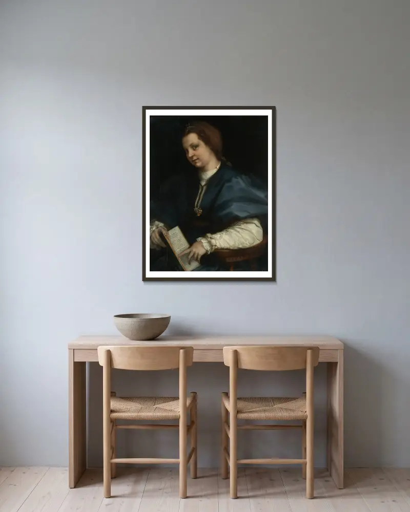Dam med Petrarcas rim av Andrea del Sarto inramad på en vägg