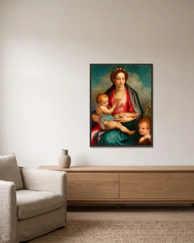 Madonnan med barnet och Johannes av Andrea del Sarto inramad på en vägg