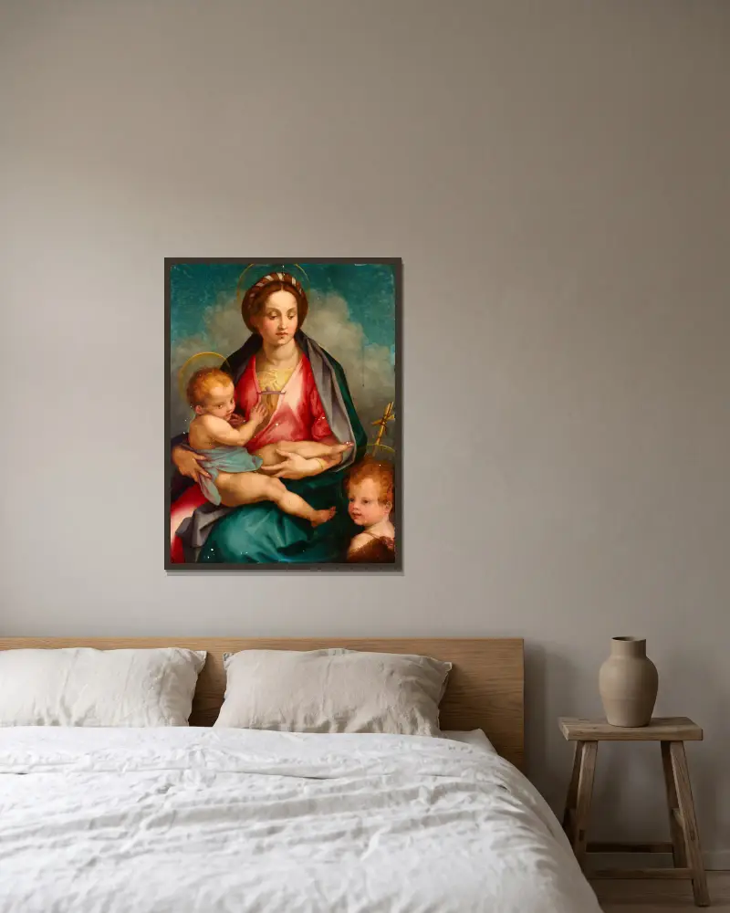 Madonnan med barnet och Johannes av Andrea del Sarto inramad på en vägg