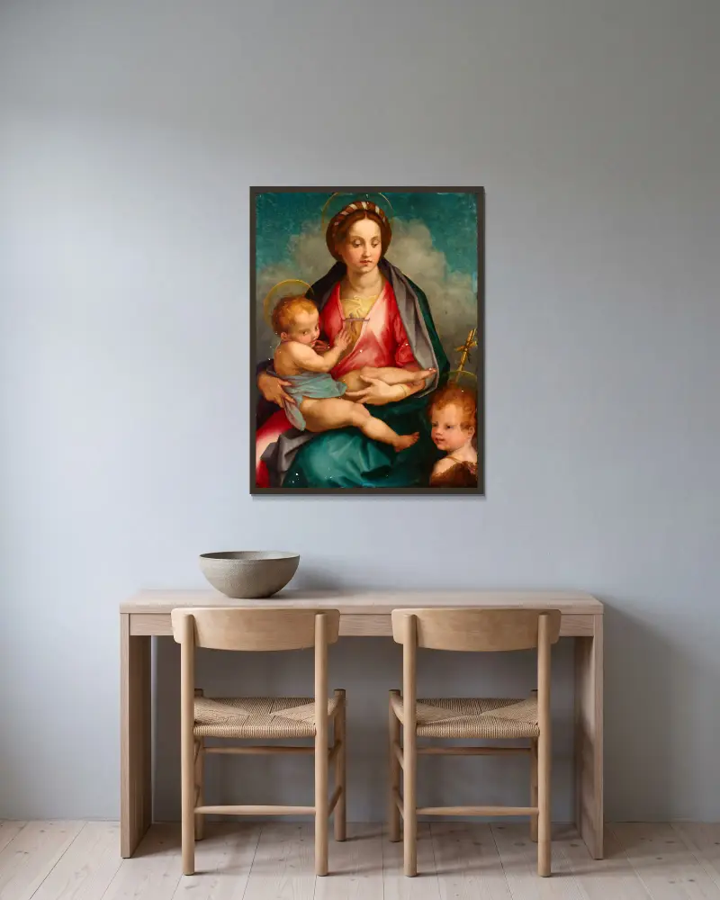 Madonnan med barnet och Johannes av Andrea del Sarto inramad på en vägg
