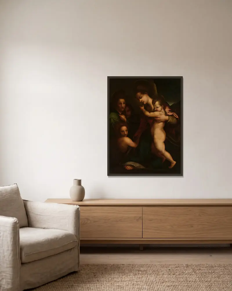 Madonna mit Kind, Jesus und Johannes von Andrea del Sarto gerahmt an einer Wand