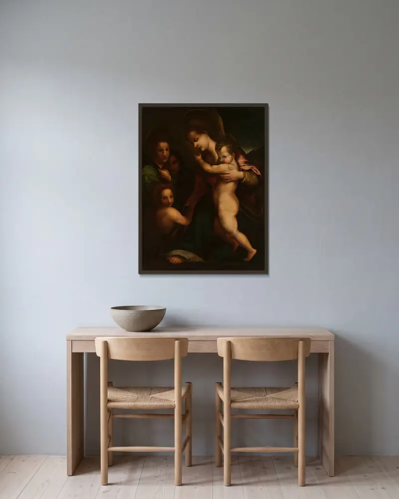 Madonna mit Kind, Jesus und Johannes von Andrea del Sarto gerahmt an einer Wand