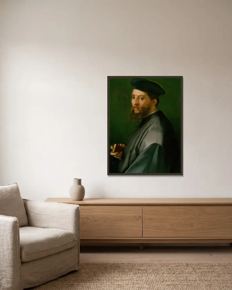 Porträtt av en man av Andrea del Sarto inramad på en vägg