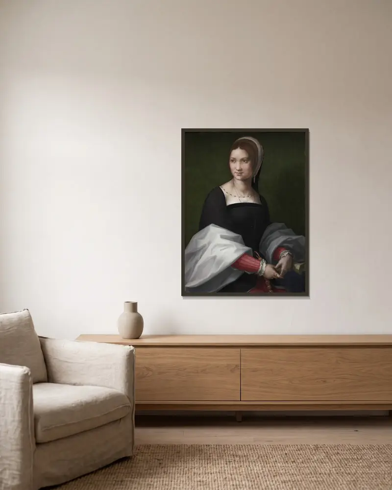 Porträtt av en kvinna av Andrea del Sarto inramad på en vägg
