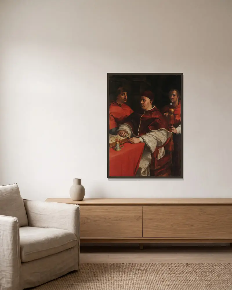 Porträtt av Leo X med kardinalerna Giulio de’ Medici och Luigi de’ Rossi av Andrea del Sarto inramad på en vägg