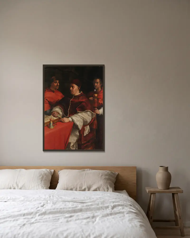 Porträtt av Leo X med kardinalerna Giulio de’ Medici och Luigi de’ Rossi av Andrea del Sarto inramad på en vägg