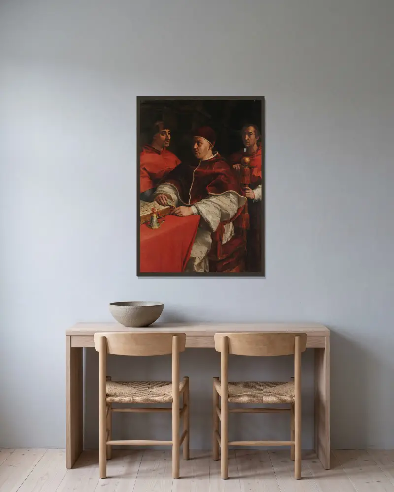 Porträtt av Leo X med kardinalerna Giulio de’ Medici och Luigi de’ Rossi av Andrea del Sarto inramad på en vägg