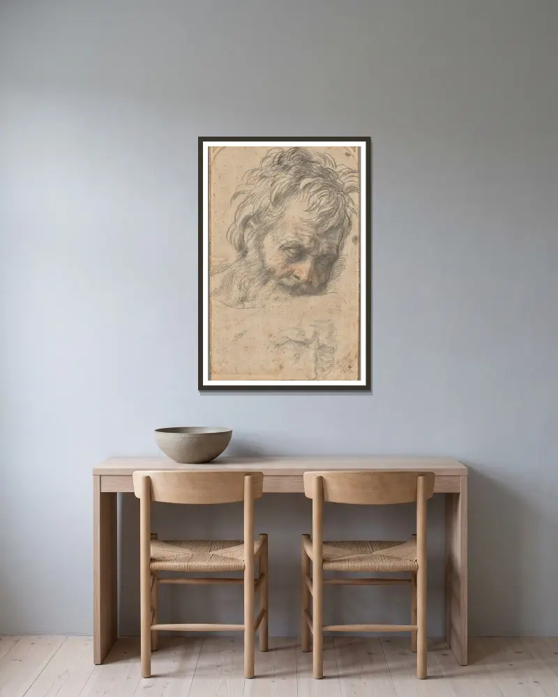 Studie für den Kopf des heiligen Josef von Andrea del Sarto gerahmt an einer Wand