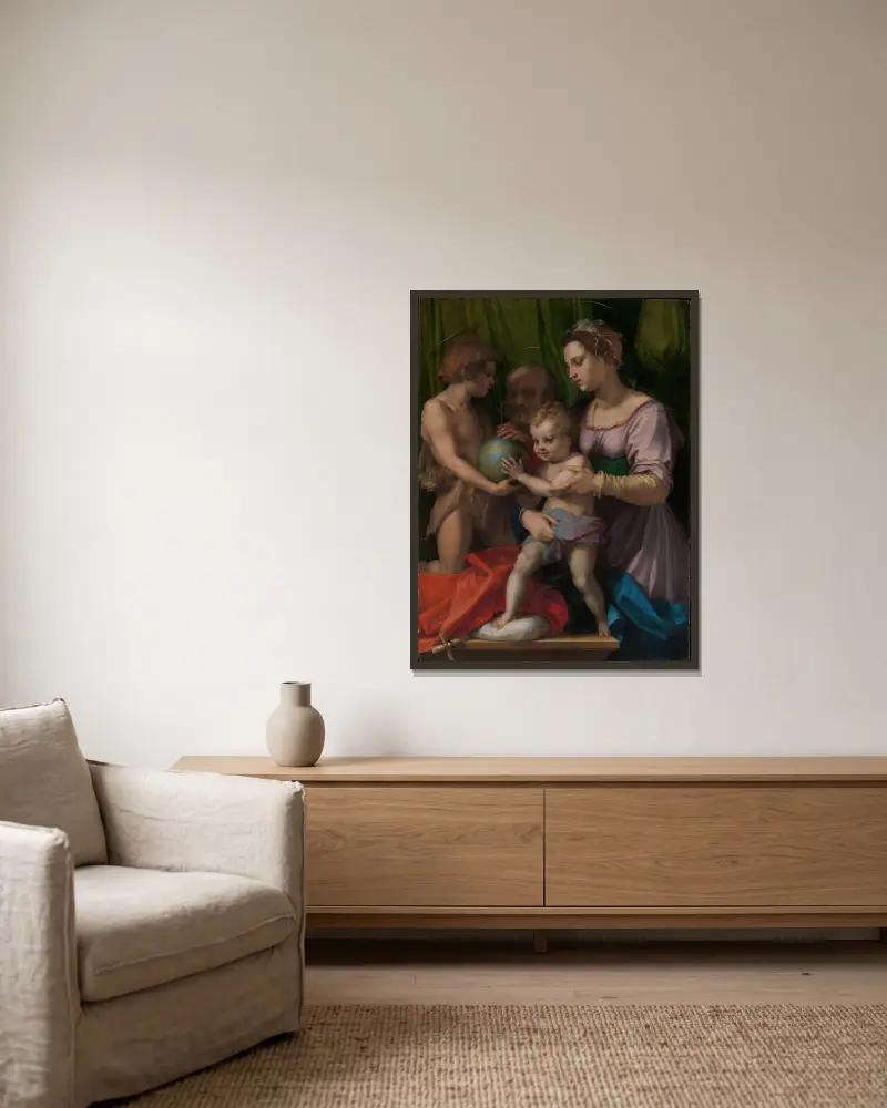 Den heliga familjen med den unge Johannes Döparen av Andrea del Sarto inramad på en vägg