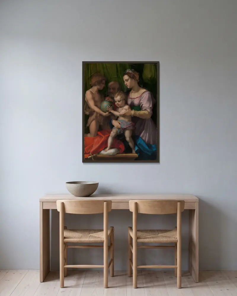Den heliga familjen med den unge Johannes Döparen av Andrea del Sarto inramad på en vägg