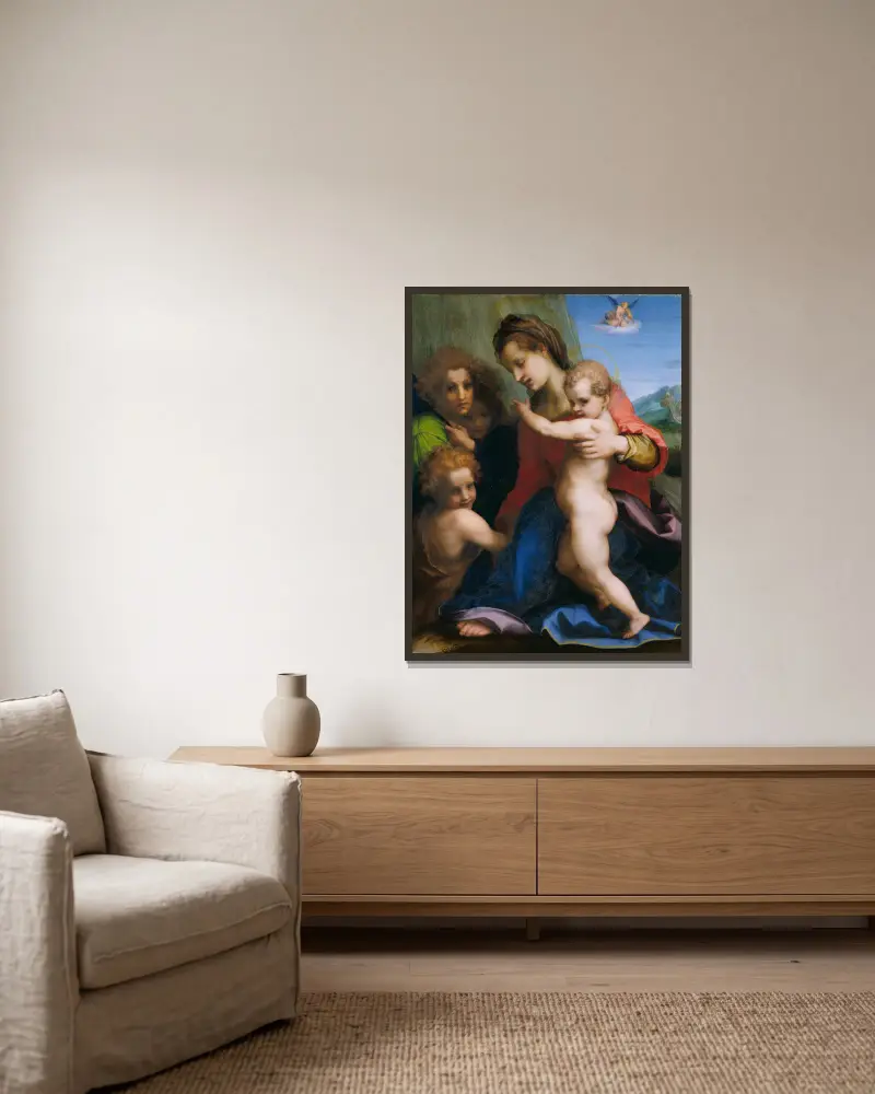 Madonnan med barnet och den lille Johannes av Andrea del Sarto inramad på en vägg
