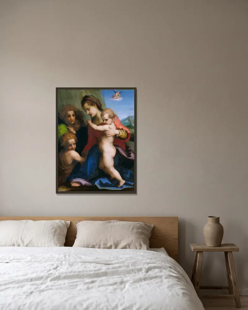 Madonnan med barnet och den lille Johannes av Andrea del Sarto inramad på en vägg