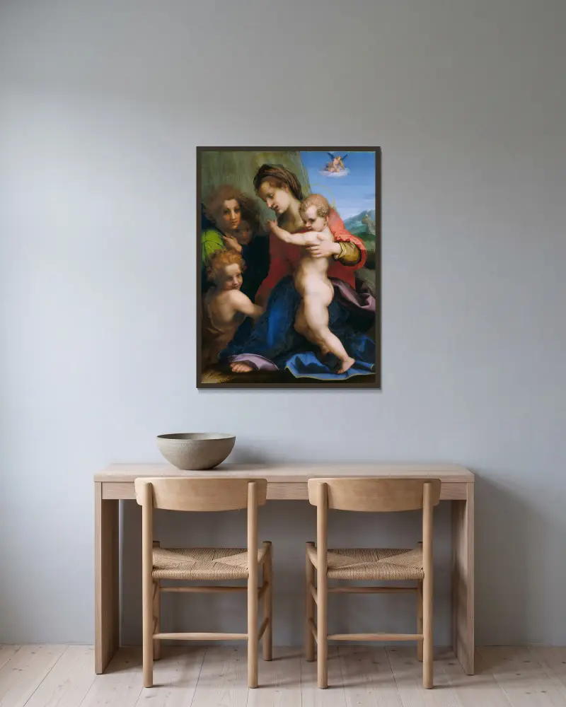 Madonnan med barnet och den lille Johannes av Andrea del Sarto inramad på en vägg