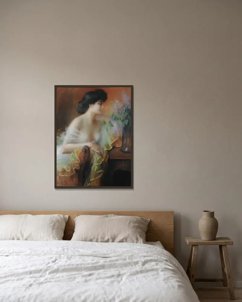 Kvinna med syrenbukett av Delphin Enjolras inramad på en vägg
