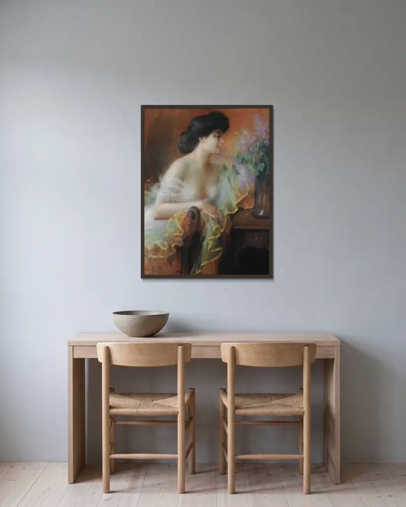 Kvinna med syrenbukett av Delphin Enjolras inramad på en vägg