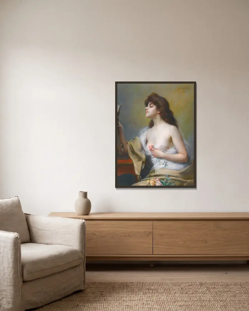 Flicka med ros av Delphin Enjolras inramad på en vägg