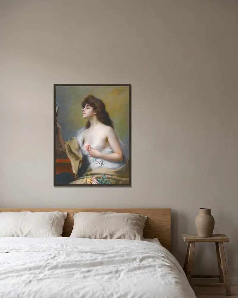 Flicka med ros av Delphin Enjolras inramad på en vägg