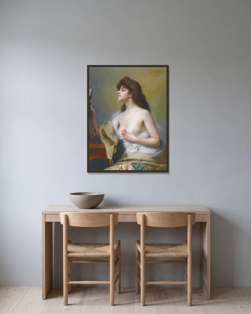 Flicka med ros av Delphin Enjolras inramad på en vägg