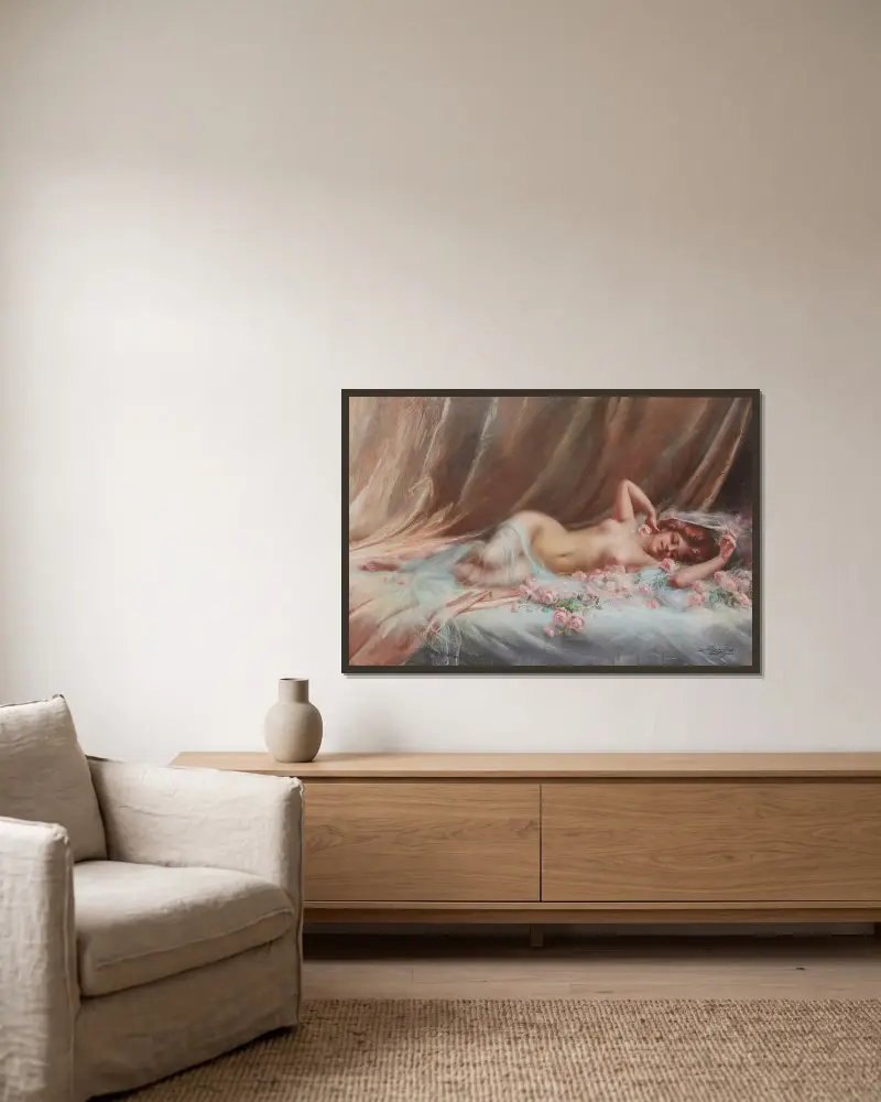 Akt mit Rosen von Delphin Enjolras gerahmt an einer Wand