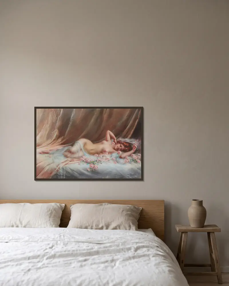 Akt mit Rosen von Delphin Enjolras gerahmt an einer Wand