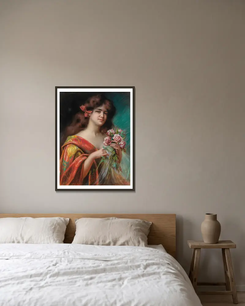 Porträtt av en dam i negligé med rosor av Delphin Enjolras inramad på en vägg